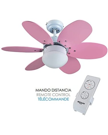 Ventilador de techo con mando a distancia, 60W y 75cm diámetro- Luz LED incorporada , Rosa/Azul, 75 cm, Aguadulce