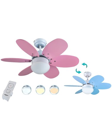 Ventilador de techo con mando a distancia, 60W y 75cm diámetro- Luz LED incorporada , Rosa/Azul, 75 cm, Aguadulce