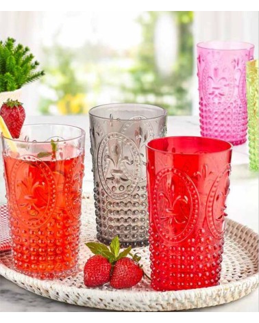 Pack de 6 vasos rosa de Plastiresist de 400 ML modelo Flor de Lis, policarbonato tamaño mediano, reutilizable, apto para piscina
