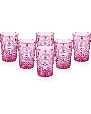 Pack de 6 vasos rosa de Plastiresist de 400 ML modelo Flor de Lis, policarbonato tamaño mediano, reutilizable, apto para piscina