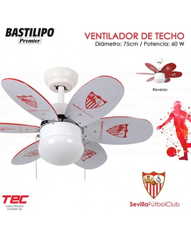 Sevilla FC - Ventilador de techo con palas reversibles BLANCAS Y ROJAS. Oficial del Sevilla Fútbol Club