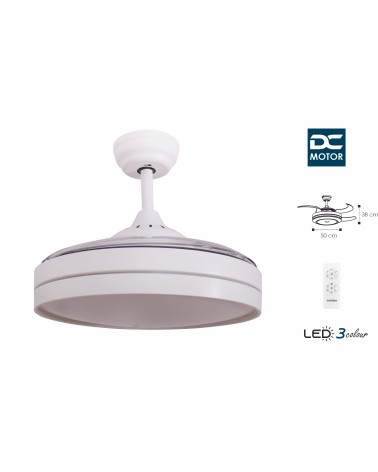 Ventilador de techo con palas retractiles, motor DC, Luz LED, mando a distancia, color blanco, Diámetro 106 cm, Estoril blanco