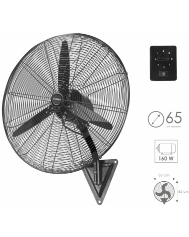 Ventilador Industrial de Pared, 160 W, Acero Inoxidable, 3 Velocidades, Negro, Ventisca