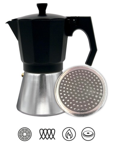 Cafetera italiana de aluminio de 9 tazas, color negro, Mokka induccion 9N