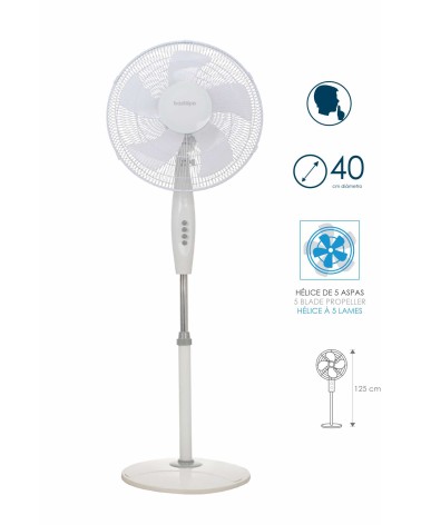 Ventilador de pie color blanco, 50 W, 3 Velocidades, pie redondo, silencioso, modelo Tenerife