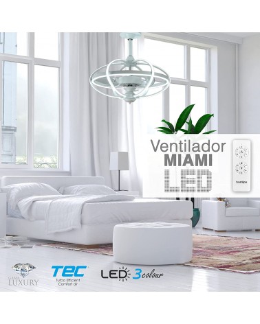 Lampara ventilador de techo con palas invisibles, luz LED, mando a distancia, diámetro 63 cm, modelo Miami