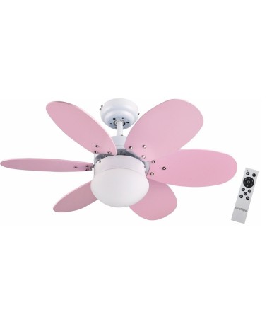 Ventilador de techo con motor DC, mando a distancia, 75cm Ø, 6 aspas, rosa/celeste, luz LED 3 tonos, chasis blanco, ALGARVE DC