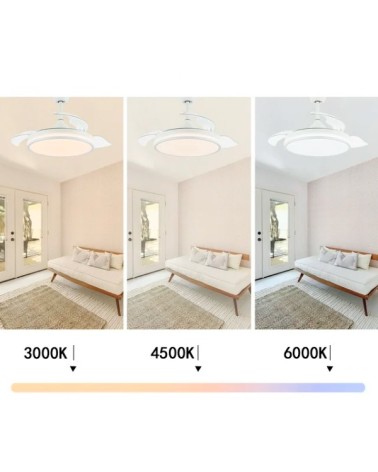 ESTORIL NIQUEL, Ventilador techo de 3 palas retractiles,  motor DC, mando a distancia, Luz LED 3 colores , 105 cm, color acero c