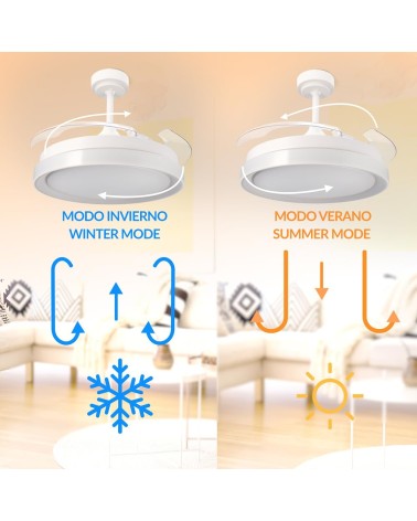 ESTORIL NIQUEL, Ventilador techo de 3 palas retractiles,  motor DC, mando a distancia, Luz LED 3 colores , 105 cm, color acero c