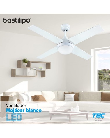 MOJACAR BLANCO 3 LED, Ventilador de techo con mando de 105 cm, con LUZ LED TRICOLOR,  4 palas reversibles blanco/haya