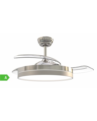 ESTORIL NIQUEL, Ventilador techo de 3 palas retractiles,  motor DC, mando a distancia, Luz LED 3 colores , 105 cm, color acero c