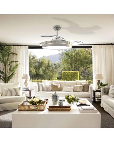 ESTORIL NIQUEL, Ventilador techo de 3 palas retractiles,  motor DC, mando a distancia, Luz LED 3 colores , 105 cm, color acero c