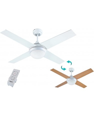 MOJACAR BLANCO 3 LED, Ventilador de techo con mando de 105 cm, con LUZ LED TRICOLOR,  4 palas reversibles blanco/haya