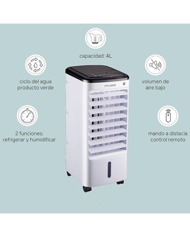 Climatizador evaporativo Formentor RC, control digital, mando a distancia, consumo 65W, deposito de 3.5L, temporizador.