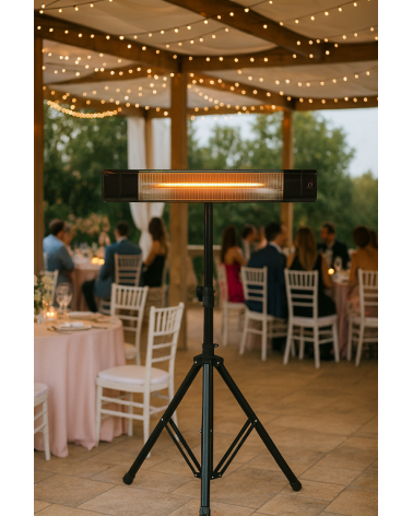 PROMETEO-E-1500P, Estufa para exterior con soporte tipo tripode, 1500W, mando a distancia, resistencias de infrarrojo de amplio