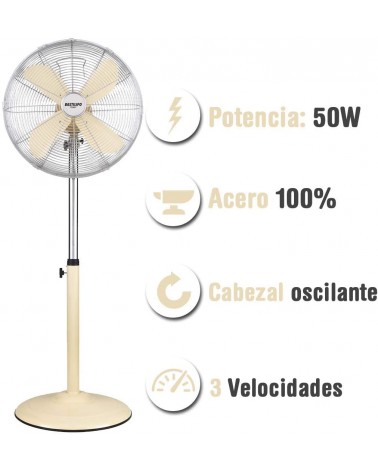 Palma ventilador metálico con base redonda, 50 W, Acero Inoxidable, 3 Velocidades, Vainilla