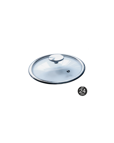 Tapadera de cristal de 24cm de diámetro, de cristal templado con válvula, blindaje de acero y pomo de acero inoxidable